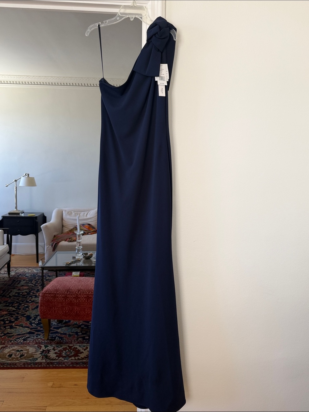 Aqua Navy One-Shoulder Evening Gown with Shoulder Knot